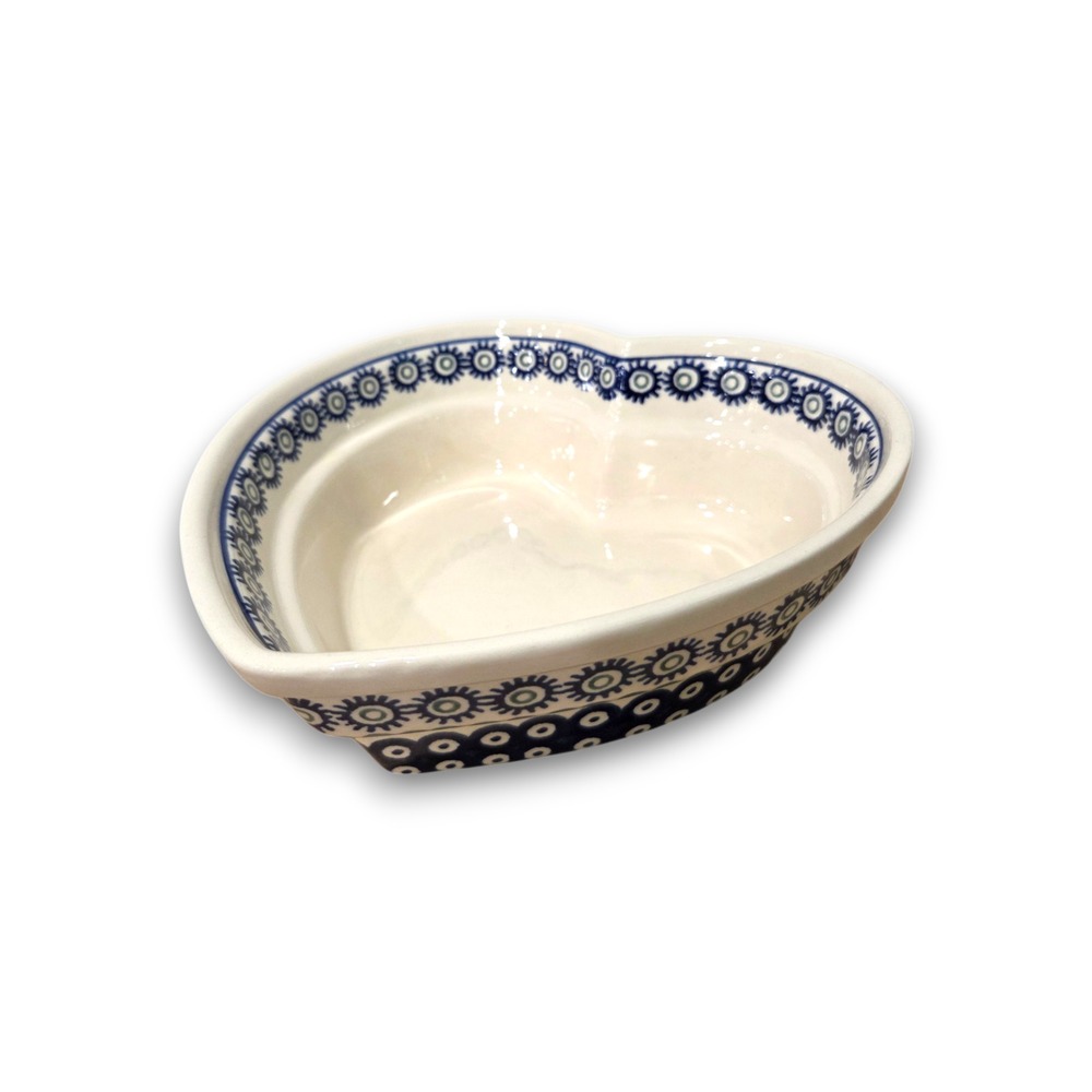 Boleslawiec Polish Pottery Heart Shape Bowl Blue Peacock Floral Serving Dish 9''